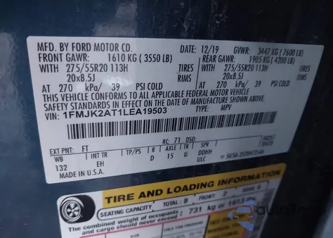 2020 Ford Expedition Limited Max z USA, uszkodzony, nr VIN 1FMJK2AT1LEA19503